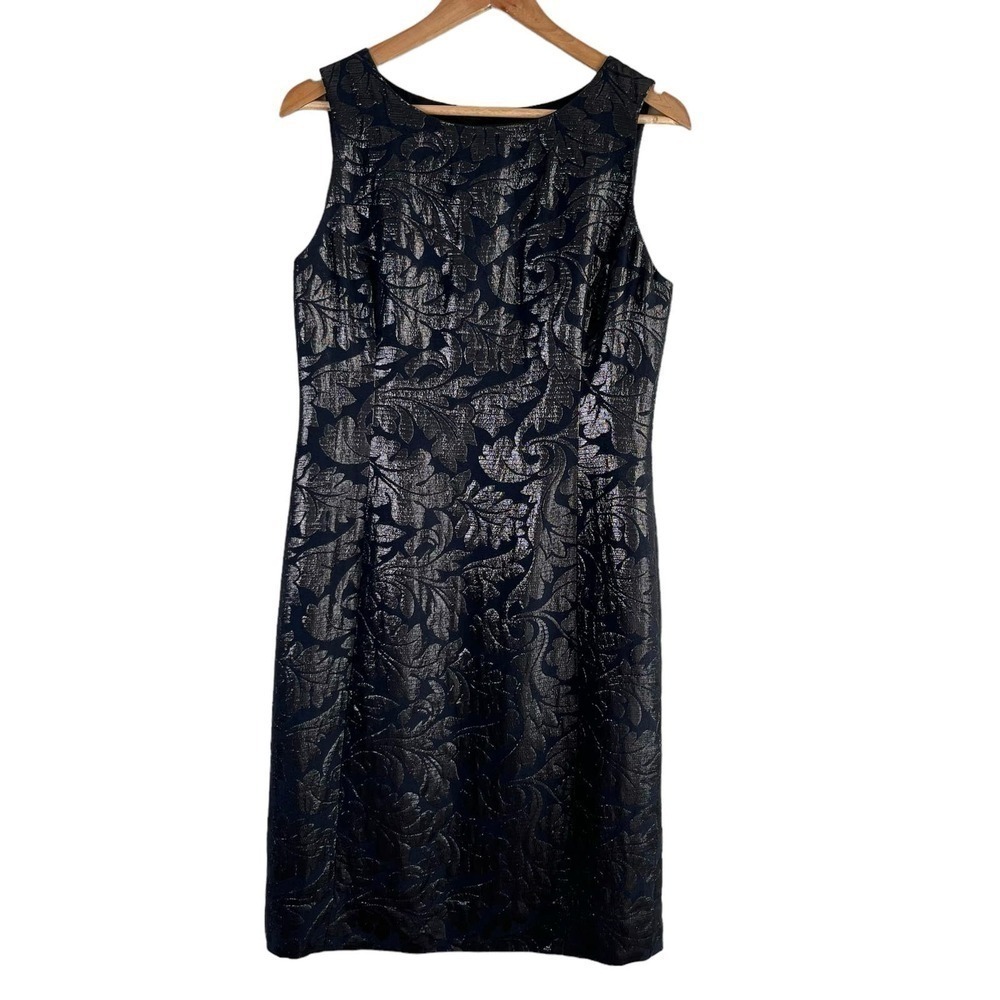 Tibi Metallic Jacquard Sleeveless Sheath Cocktail Dress in Black Silver, Size 10